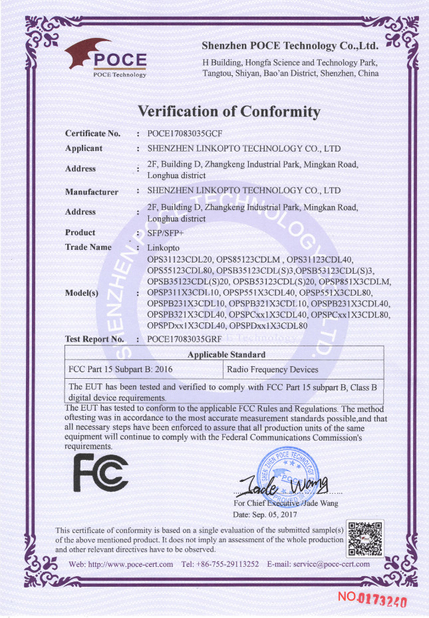China Shenzhen linkopto Technology Co. Ltd Certification